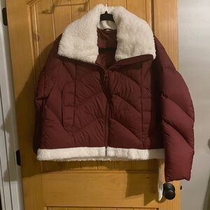 Women's Burgundy Ski Jacket with White Plush Collar